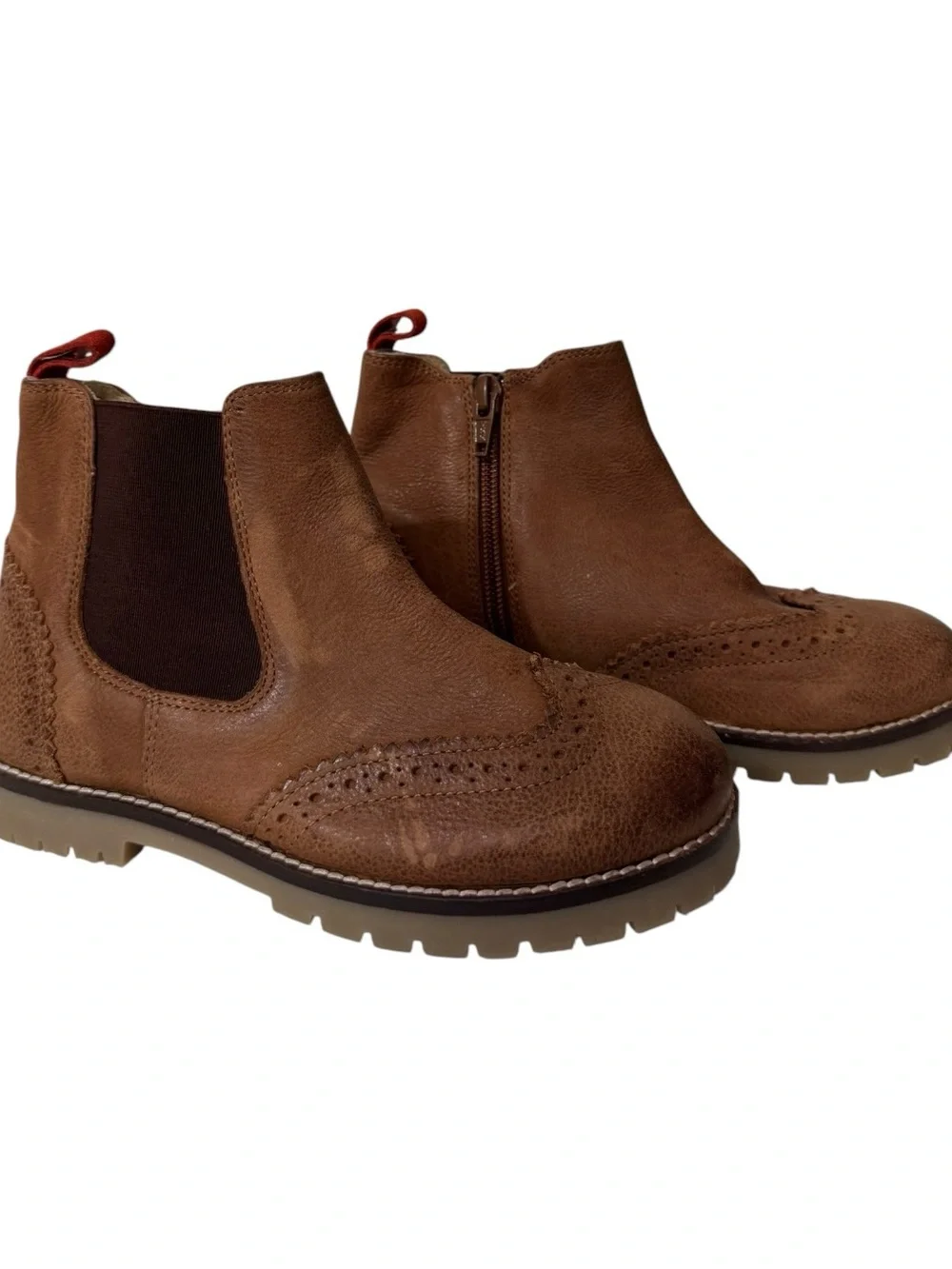 Mini Boden Kids Wingtip Chelsea Boots EU 31 Brown Leather Brogue Lug Sole